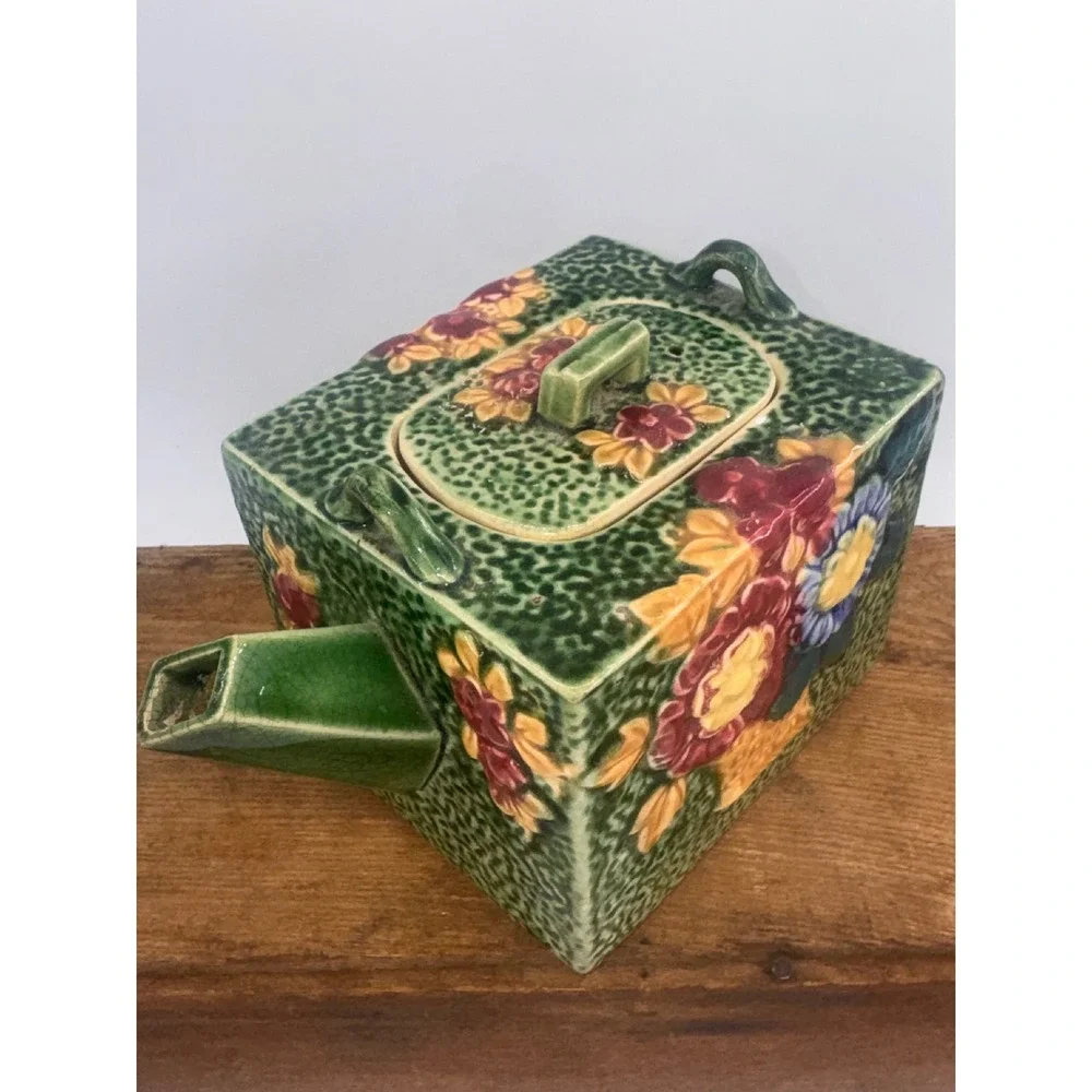 Vintage Japanese Square Ceramic Teapot Floral Majolica Style Green Made in Japan